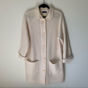 100% Wool Cream White Cardigan Sweater Coat - L